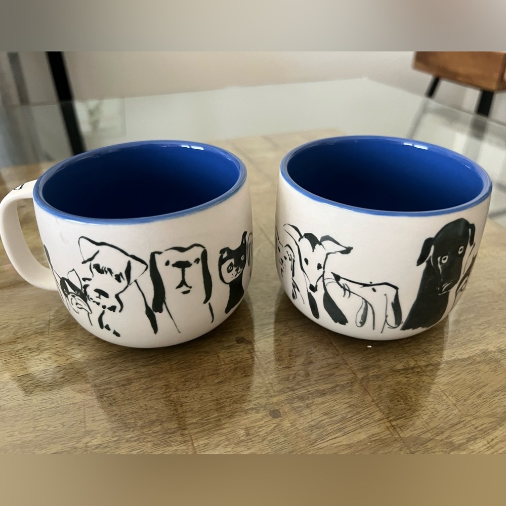 2 Anthropologie  DOG PERSON Mug Cream Stoneware w/ Blue 12 oz Coffee Cup Mug